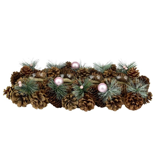 Centre de table d&eacute;coration pin et boules de No&euml;l 4 photophores bois et verre L47X17XH9 cm