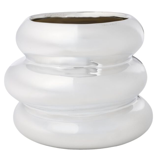 Vase bas c&eacute;ramique forme arrondie superpos&eacute;e gris chrom&eacute; &Oslash;11,5xH12,5cm
