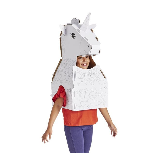 Costume en carton forme animal &agrave; colorier avec 6 feutres (2 mod&egrave;les licorne ou dinosaure)