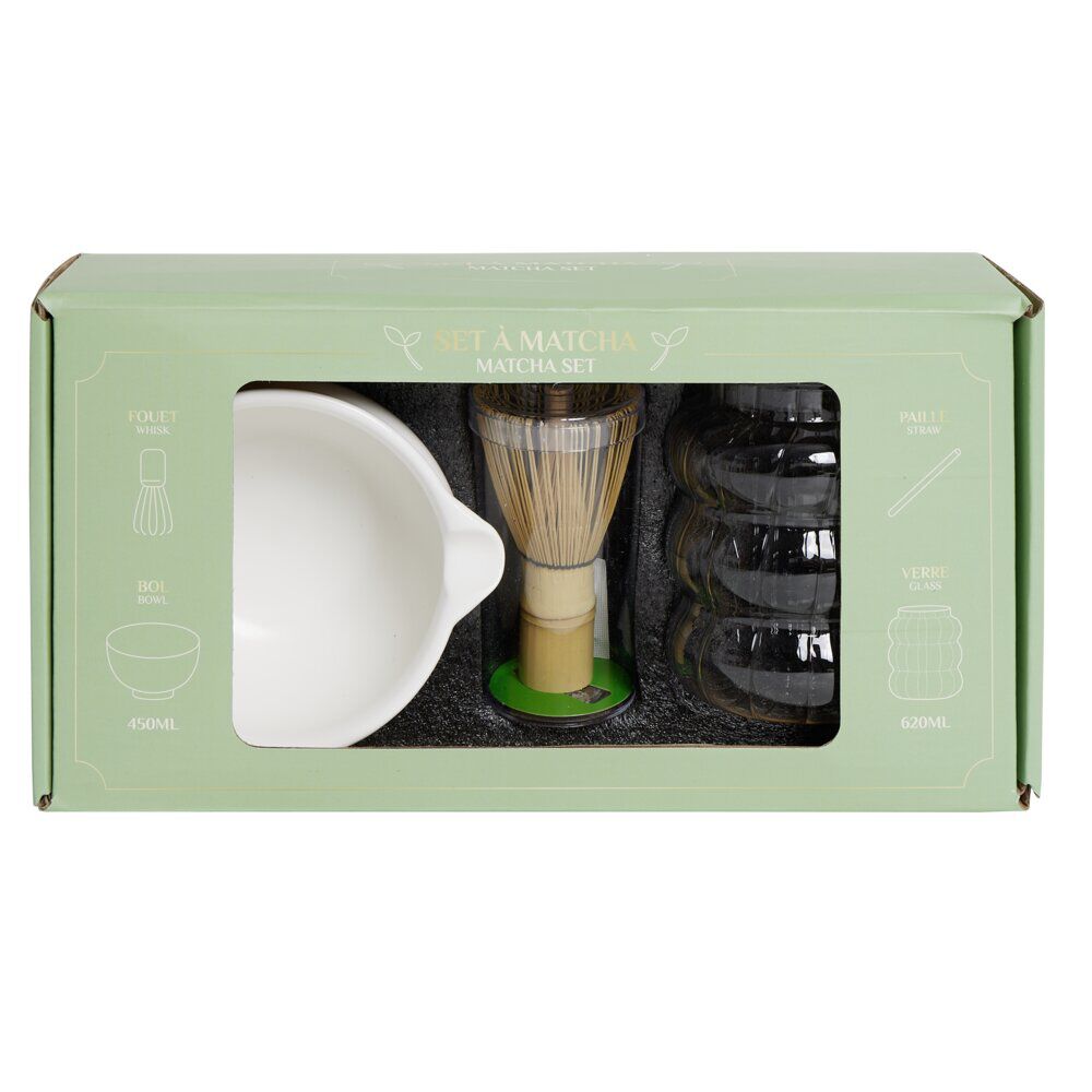 Set Matcha 4 Pièces SURFOU – Bol, Fouet, Cuillère Et Support En Céramique Et Bambou - 1