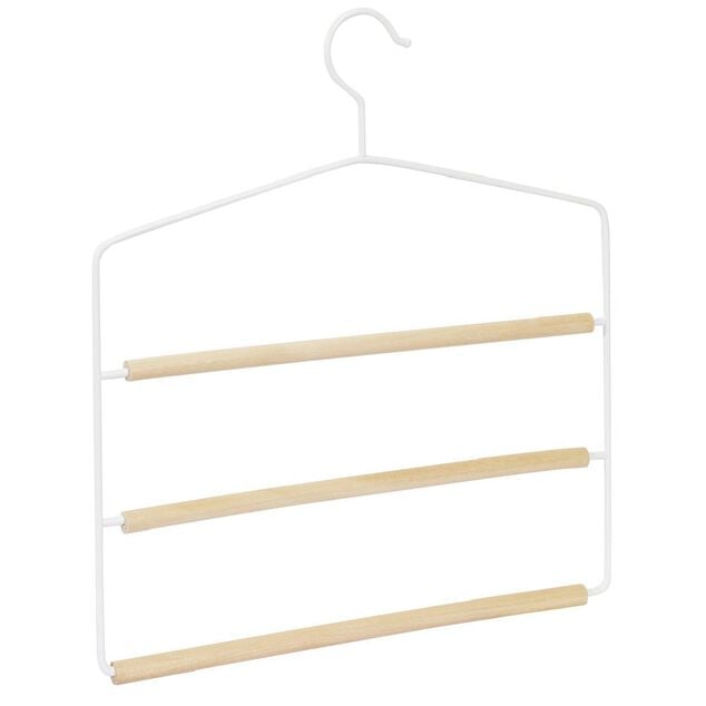 Cintre &agrave; pantalon 3 niveaux bois et acier blanc 35x35cm