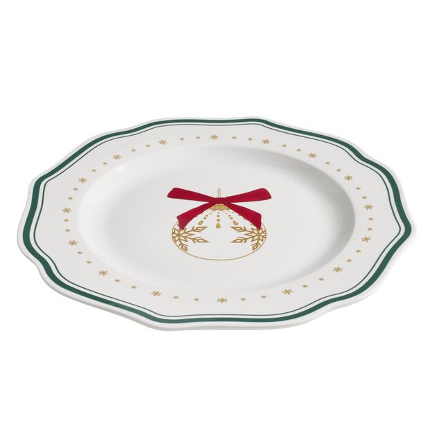 Assiette plate imprim&eacute; boule de No&euml;l contour vague bleu fa&iuml;ence &Oslash;27 cm