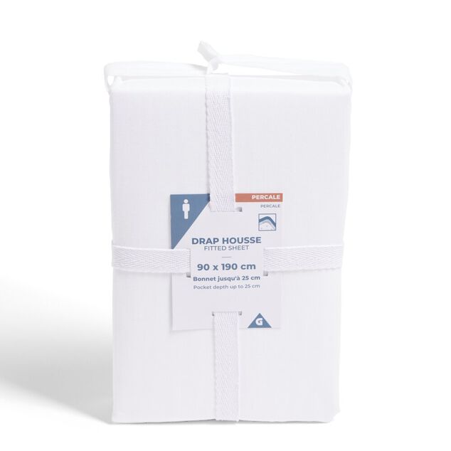 Drap housse 90x190cm 100% coton percale blanc