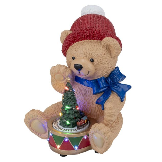 Ours de No&euml;l anim&eacute; LED sc&egrave;ne tambour r&eacute;sine 20x21xH28cm