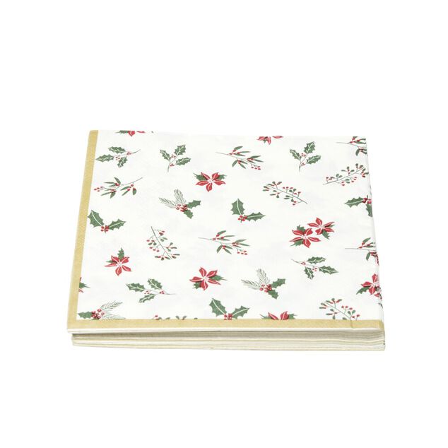 Serviette en papier 3 plis X20 pcs imprim&eacute; houx L33X33 cm blanc liser&eacute; dor&eacute;