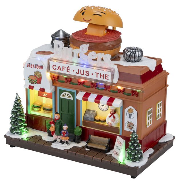 Village de No&euml;l anim&eacute; LED et son sc&egrave;ne restaurant 23x13,5xH20 cm