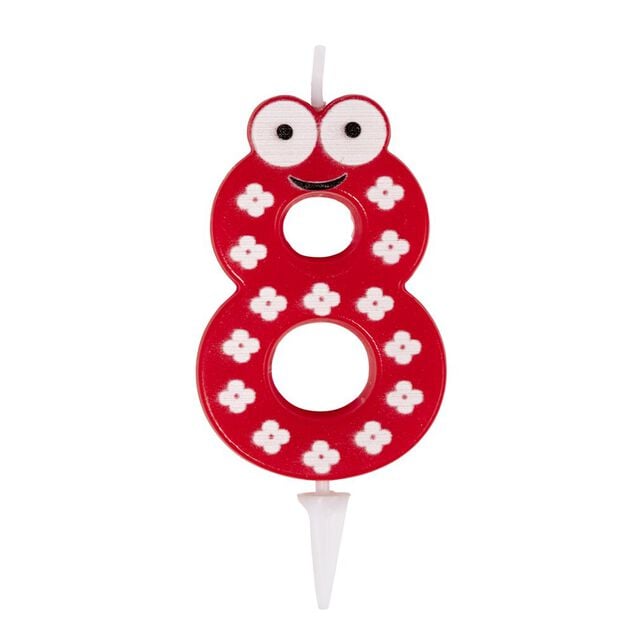 Bougie chiffre 8 cire personnage fleurs rouge et blanc H8,5cm
