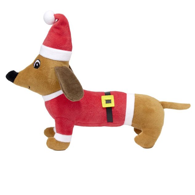 Jouet pour chien forme Teckel avec costume P&egrave;re No&euml;l L25X20XH7 cm rouge