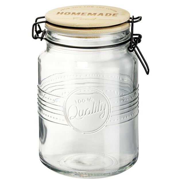Bocal herm&eacute;tique rond transparent avec couvercle en bambou H16,5 cm
