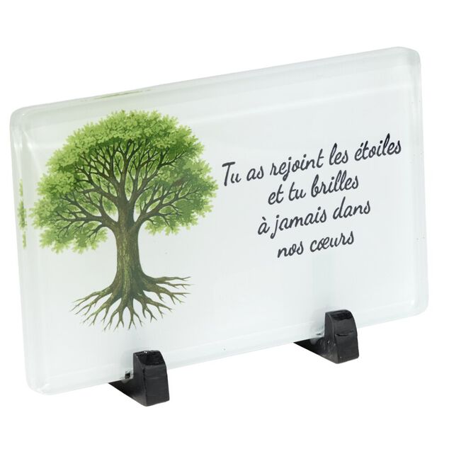 Plaque fun&eacute;raire inscription arbre de vie verre blanc pied m&eacute;tal 20x8,3xH12,5cm