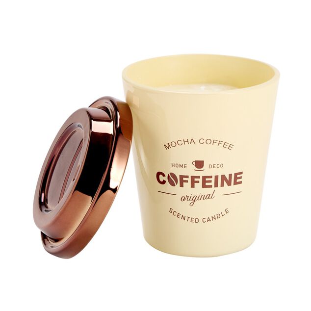 Bougie pot forme tasse caf&eacute; avec couvercle m&eacute;tallis&eacute; &Oslash;9,5xH11cm (3 mod&egrave;les)