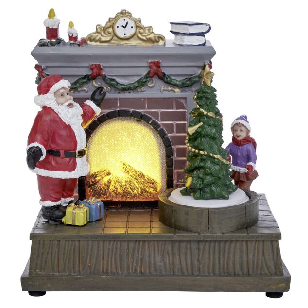 Sc&egrave;ne de No&euml;l lumineuse 1LED P&egrave;re No&euml;l devant chemin&eacute;e 15,5x11xH16,5cm