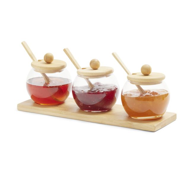Support en bambou avec 3 bocaux 250ml et 3 cuill&egrave;res 29x10xH8cm