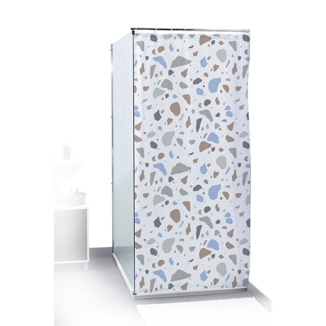 Rideau de douche motif mosa&iuml;que style terrazzo blanc et bleu 180x200cm