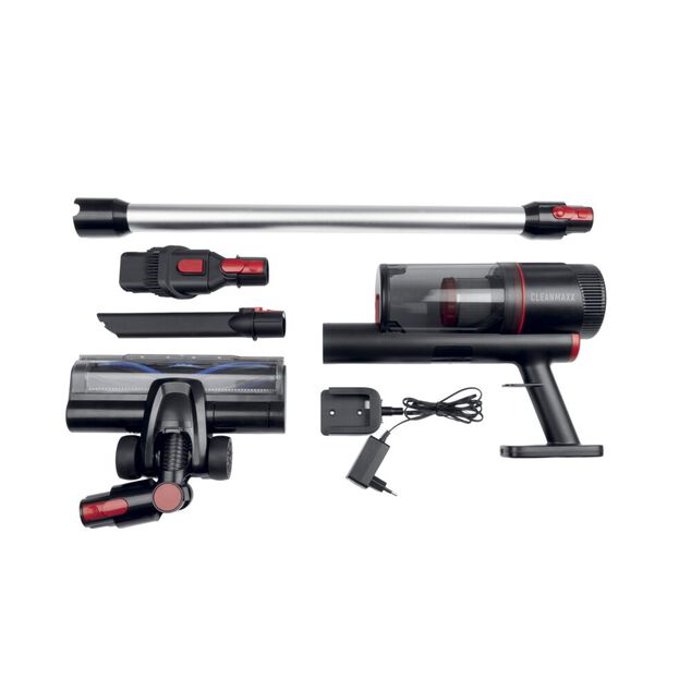 Aspirateur balai sans fil 6 accessoires CleanMaxx noir et rouge H109cm