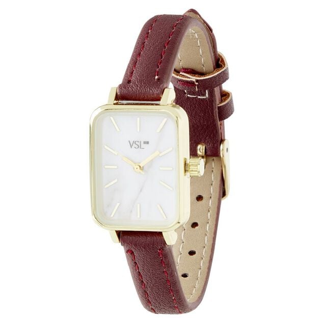 Montre &agrave; cadran rectangulaire dor&eacute; bracelet simili bordeaux