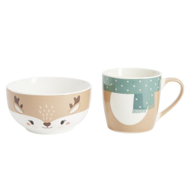 Bol 500ml avec mug 300ml renne mignon porcelaine blanc et marron