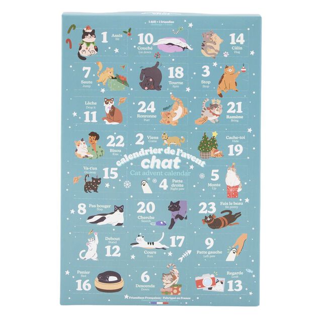 Calendrier de l'Avent pour chat avec friandises papier L21X33 cm bleu
