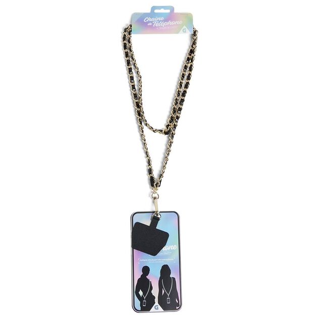 Bijou cha&icirc;ne de t&eacute;l&eacute;phone maille en plastique noir dor&eacute; L120cm