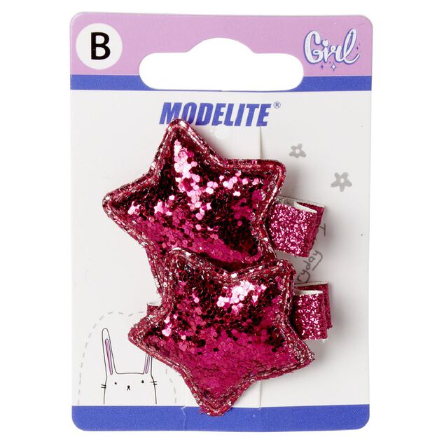 Pince crocodile motif étoile rose pailleté x2