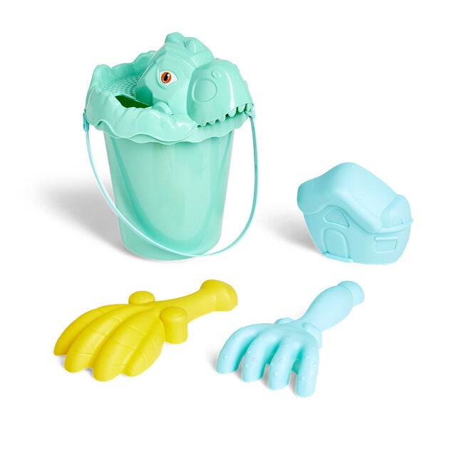 Seau de plage garni dinosaure 5 pi&egrave;ces vert bleu jaune