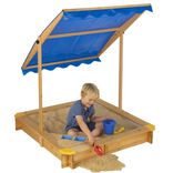 Bac &agrave; sable avec toit inclinable en bois et toile bleue 118x118xH118cm