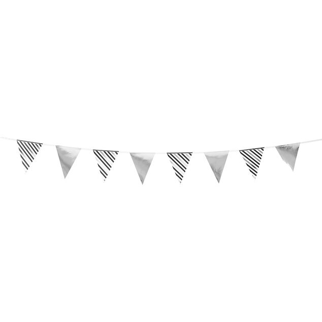 Guirlande &agrave; fanions ray&eacute;e en papier noir, blanc et argent