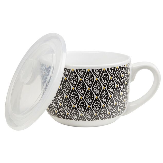 Bol jumbo couvercle transparent motif ethnique noir et jaune Ø12.5xH9cm