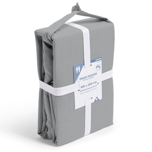 Drap housse 160x200cm 100% coton gris clair