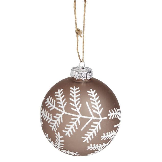 Boule de No&euml;l en verre motif branche sapin marron et blanc &Oslash;8cm