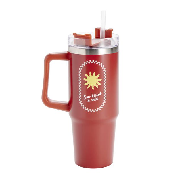 Gourde isotherme mug 900ml inox et plastique motif tropical avec paille (2 mod&egrave;les)