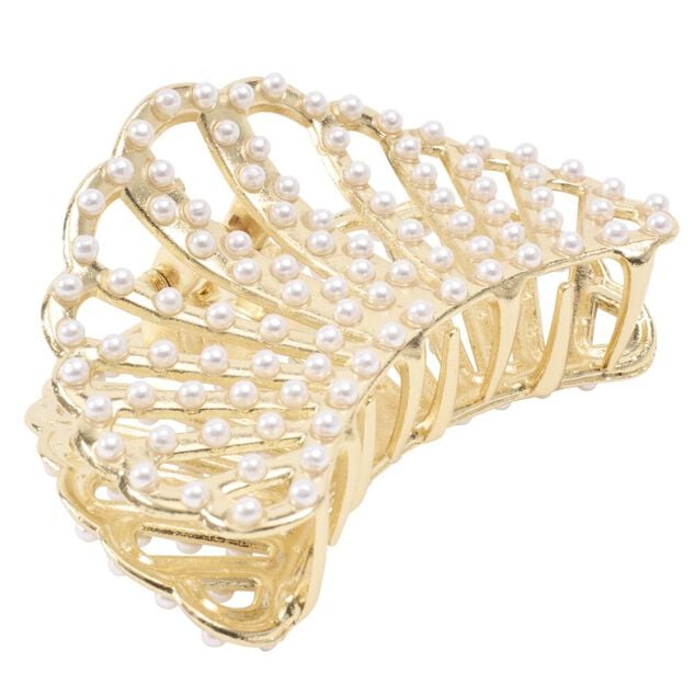 Pince cheveux forme coquillage avec perles m&eacute;tal dor&eacute; L6cm