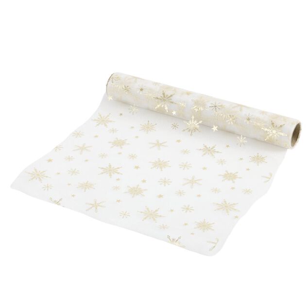 Chemin de table organza et polyester L300X28 cm blanc et dor&eacute;