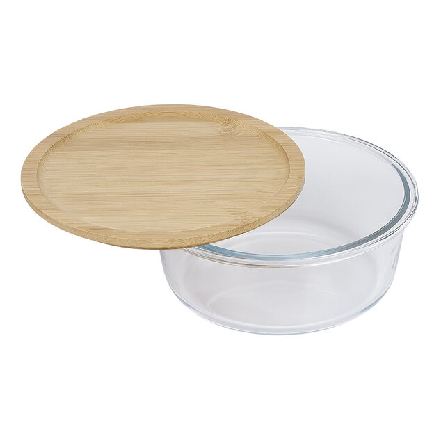 Bo&icirc;te de conservation ronde en verre avec couvercle en bambou 850 ml
