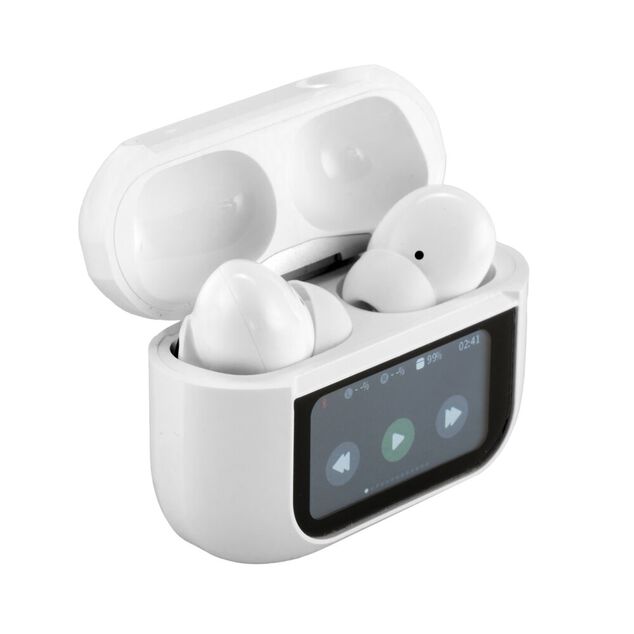 Ecouteurs bluetooth &eacute;cran tactile blanc 6x2,5xH4,5cm