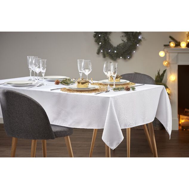 Nappe jacquard blanche motif arabesque L 350 cm