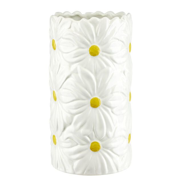 Vase contour marguerite en relief dolomite blanc et jaune &Oslash;12xH23,5cm
