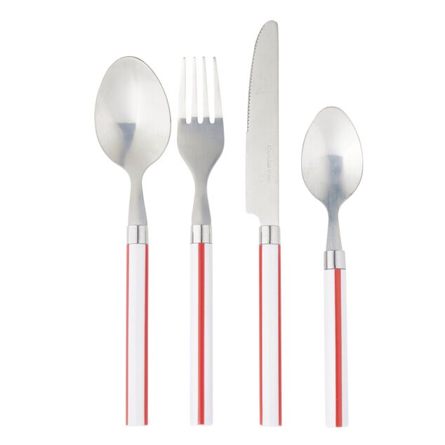 M&eacute;nag&egrave;re 16 pi&egrave;ces inox et plastique bayad&egrave;re blanc et rouge