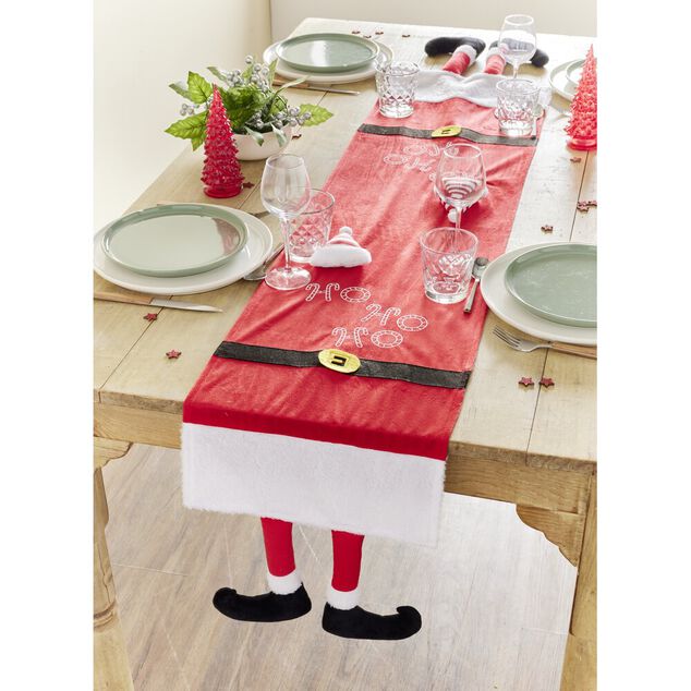 Chemin de table tissu velours rouge effet pieds de Père Noël 34x136cm