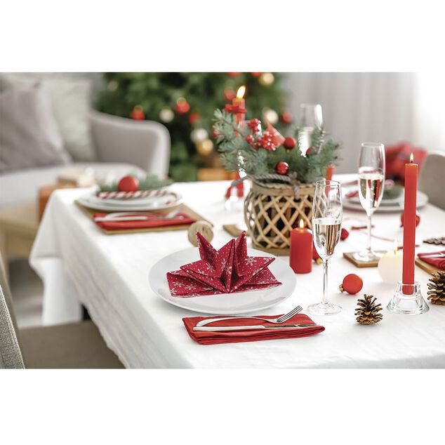 Serviette origami en papier rouge motif flocon blanc x12