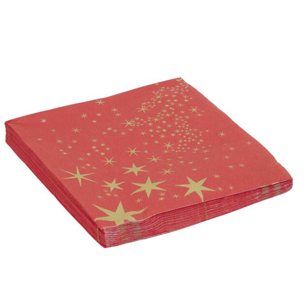 Serviette en papier 4 plis X20 pcs imprim&eacute; &eacute;toiles dor&eacute;es 33X33 cm rouge