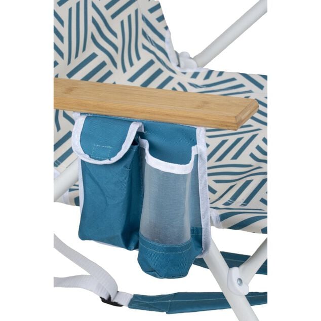Chaise de plage pliante poign&eacute;es bambou poches lat&eacute;rales blanc et bleu 66x58xH81cm