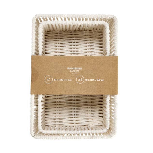 Pani&egrave;re pliante x3 cordage laine boucl&eacute;e beige 1x 32x11xH22cm et 2x 18x9,5xH14cm