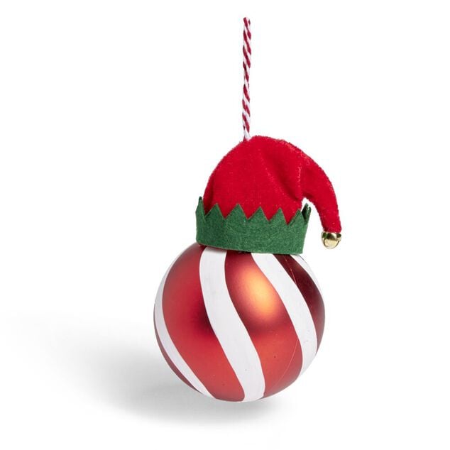 Boule de No&euml;l motif spirale et bonnet P&egrave;re No&euml;l ou lutin &Oslash;8xH11cm