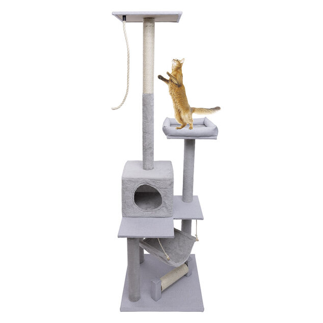 Arbre &agrave; chat XXL 4 niveaux grattoir et couchage gris H165cm