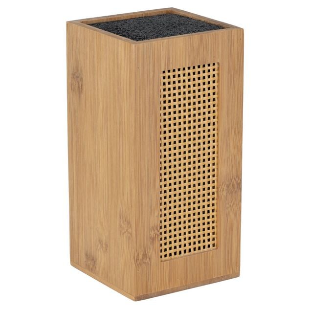 Bloc couteau de cuisine en bois et bambou face effet rotin tress&eacute; 11x11xH22cm