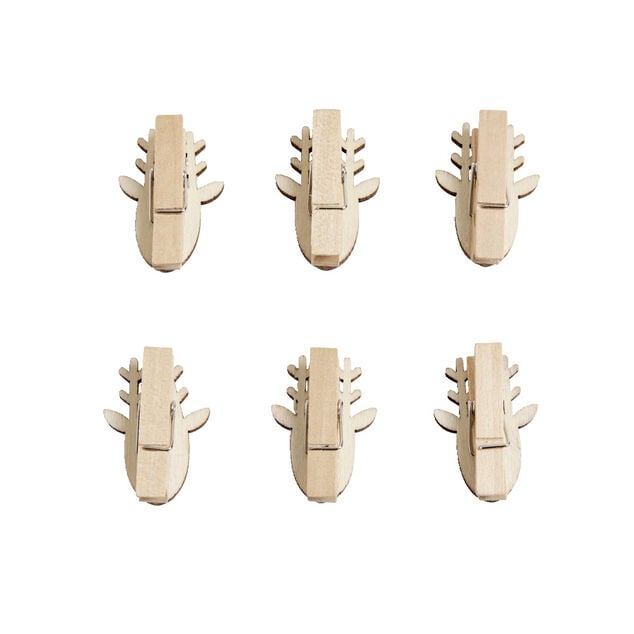 Mini pince en bois forme t&ecirc;te de renne rouge et dor&eacute;e 6 pi&egrave;ces