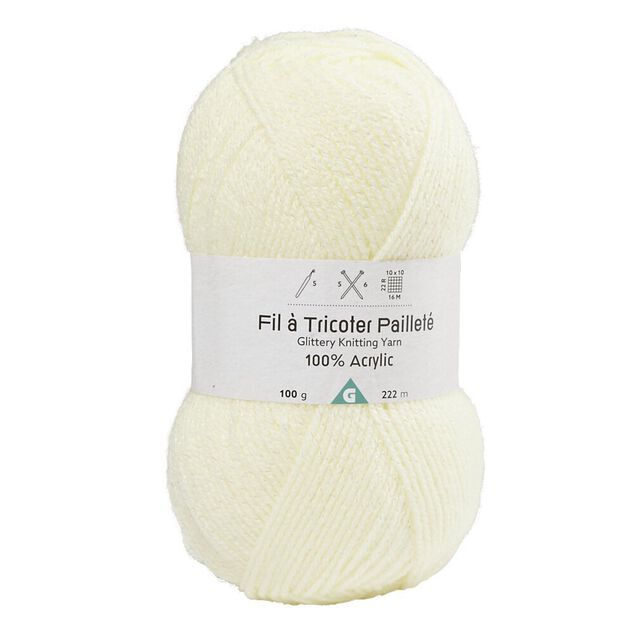 Pelote de fil &agrave; tricoter acrylique paillettes  blanc &eacute;cru 100Gr