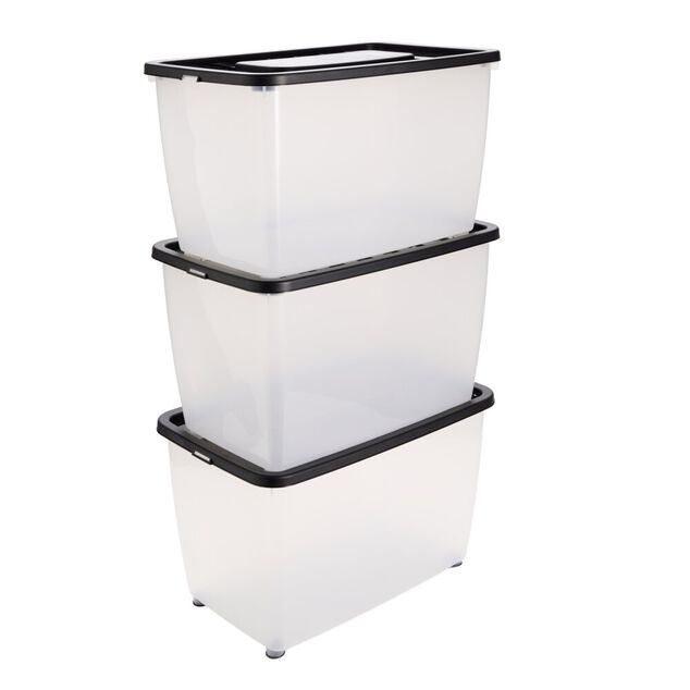 Box dessous de lit 46L x3 plastique transparent couvercle noir 56x37xH34cm