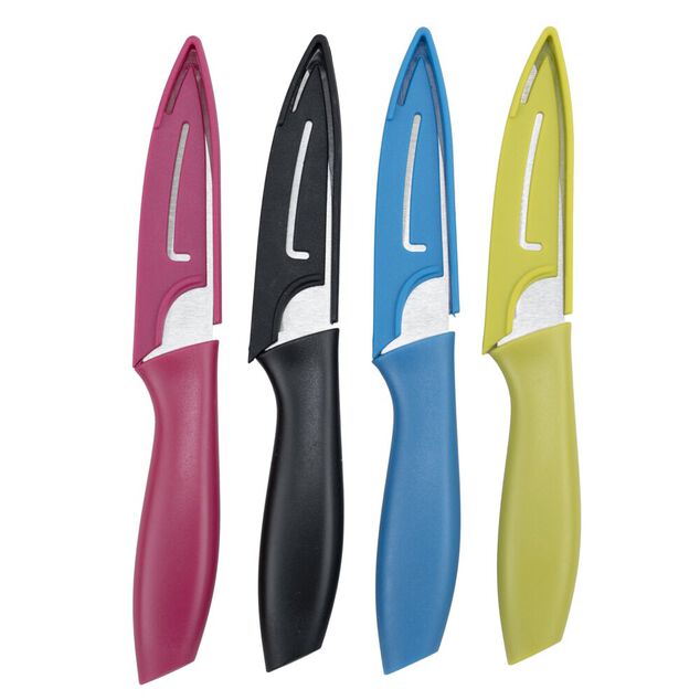 Couteau de cuisine x4 lame inox manche plastique color&eacute; et &eacute;tuis L19,5cm